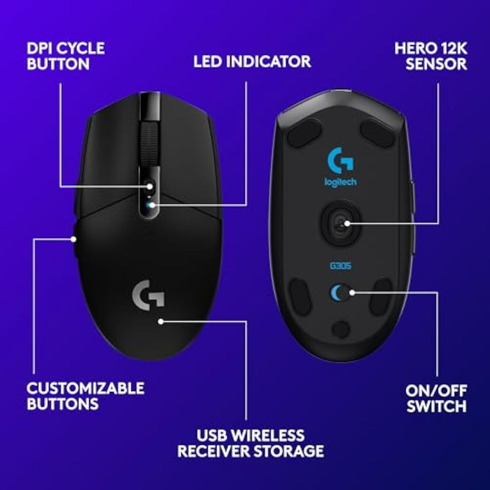 Logitech G305 Lightspeed Wireless Gaming Mouse, Hero Sensor, 12,000 DPI, Lightweight, 6 Buttons, 250h Battery, PC, Mac - Black