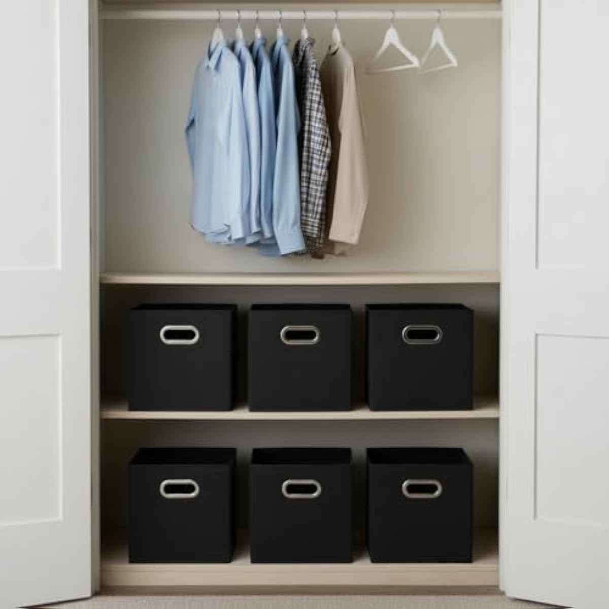 Household Essentials Foldable Fabric Storage Bins 6 Piece Set, Strong Poly-Woven Fabric, Sturdy Chipboard Sides, Grommet Front Handle, Stackable and Foldable, Classic Design, Black