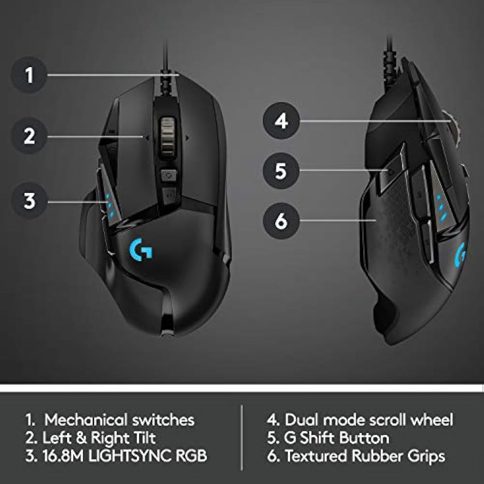 Logitech G502 Hero High Performance Wired Gaming Mouse with Hero 25K Sensor, RGB, Adjustable Weights, 11 Programmable Buttons - Black