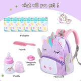 10 Pcs Reborn Baby Doll Diaper Bag Care and Feeding Set for 17-24 inches Reborn Dolls Newborn Baby Accessories with Unicorn Backpack Diapers Pacifier Bottle Comb