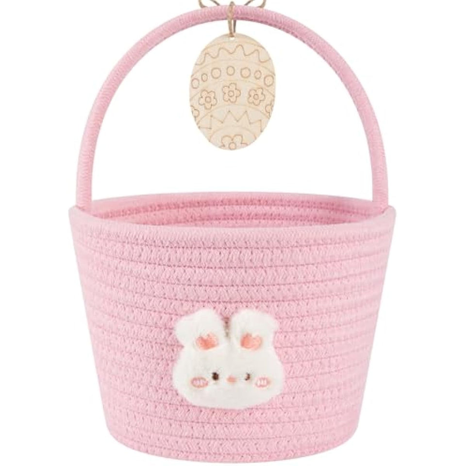 oiahomy pink easter basket with wooden handle for kids, personalized bunny gift basket for boys and girls