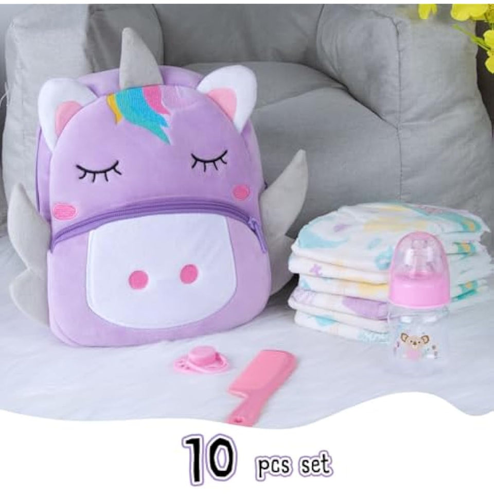 10 Pcs Reborn Baby Doll Diaper Bag Care and Feeding Set for 17-24 inches Reborn Dolls Newborn Baby Accessories with Unicorn Backpack Diapers Pacifier Bottle Comb