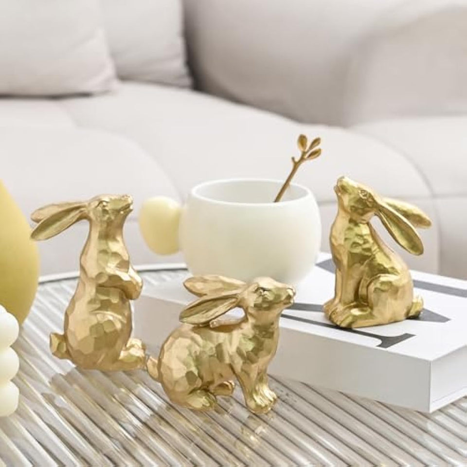 AOMOONOA Resin Gold Easter Bunny Decor Set of 3 Small Rabbit Figurines Antique Gold Finish
