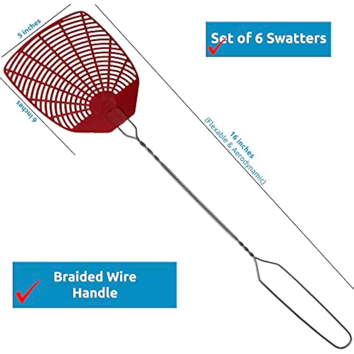 W4W, Bug & Fly Swatter Braided Metal Handle 6 Pack Fly Swatters Indoor/Outdoor flyswatter