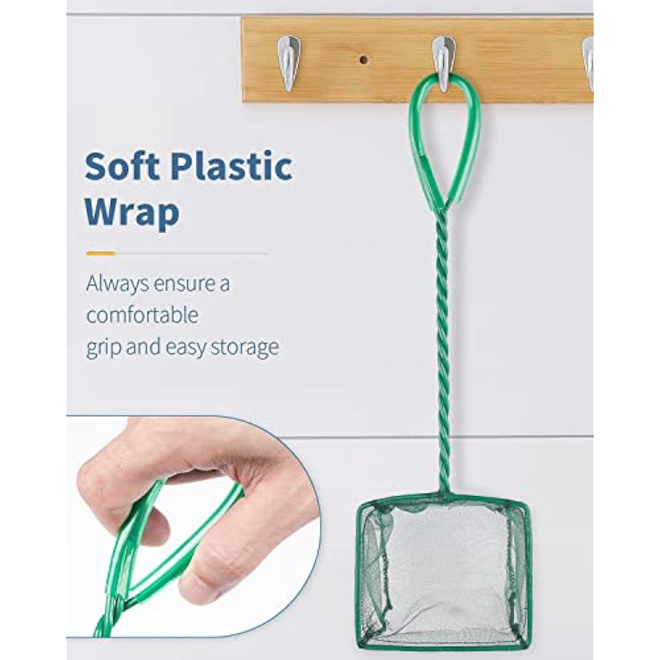 Pawfly green braided metal handle square aquarium net for fish tanks and small koi ponds