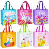 exun happy easter gift bags with handles, bunny carrot chick designs, reusable non-woven treat bags for party favors, gift wrapping, easter basket container, 6-pack, 9.1×8.7×4.5 inch