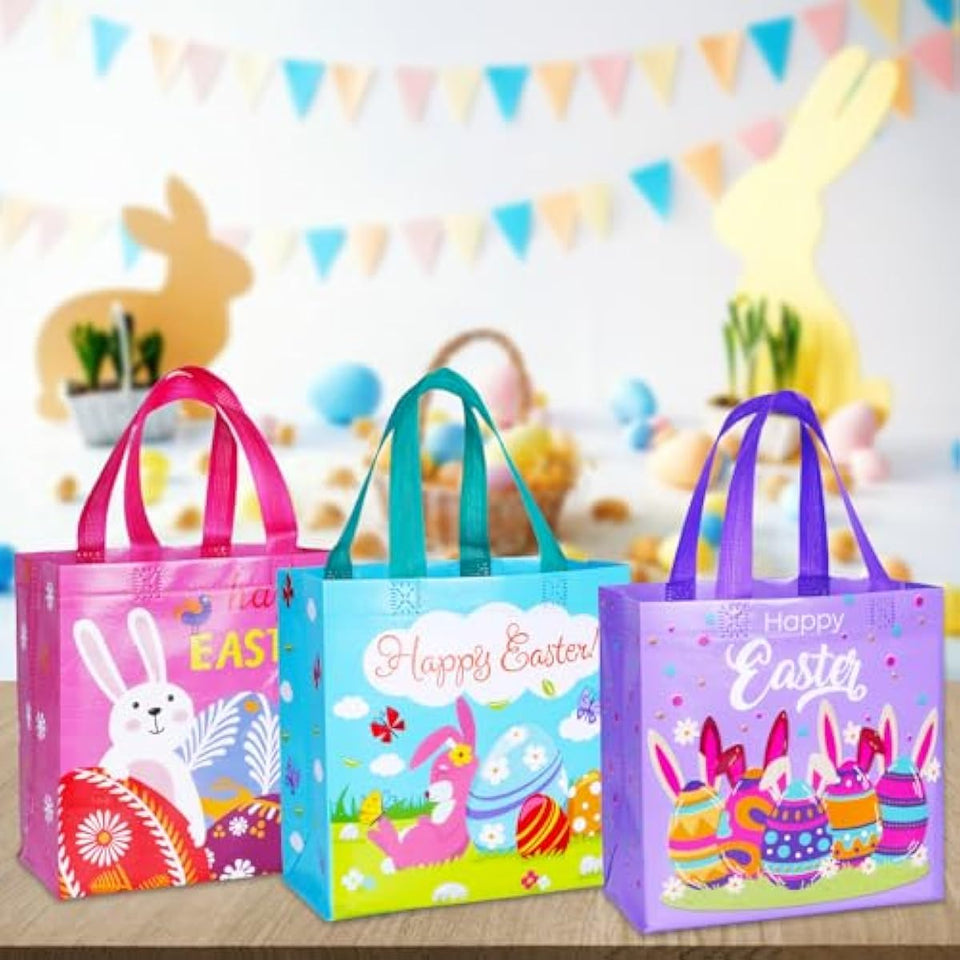 exun happy easter gift bags with handles, bunny carrot chick designs, reusable non-woven treat bags for party favors, gift wrapping, easter basket container, 6-pack, 9.1×8.7×4.5 inch