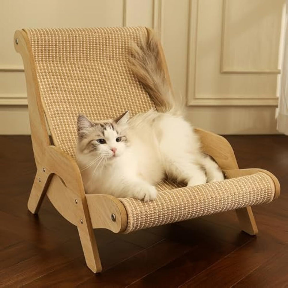 Cat Hammock Chair with A Scratch Pad, Beach Style Lounger for Large Cats, Elevated Cat Beds for Indoor, Pet Rattan Chair