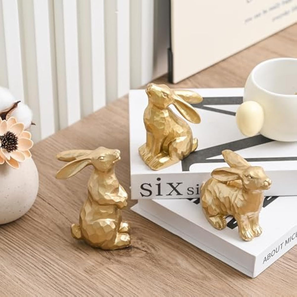 AOMOONOA Resin Gold Easter Bunny Decor Set of 3 Small Rabbit Figurines Antique Gold Finish