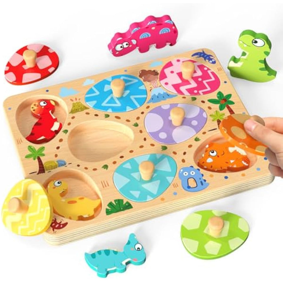 Wooden Puzzles for Toddlers, 8 Pcs Dinosaur Matching Egg Puzzle, Montessori Toys for Boy Girl Easter Birthday Gifts, Preschool Learning Activities & Educational Toys for Boys, Girls