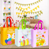exun happy easter gift bags with handles, bunny carrot chick designs, reusable non-woven treat bags for party favors, gift wrapping, easter basket container, 6-pack, 9.1×8.7×4.5 inch