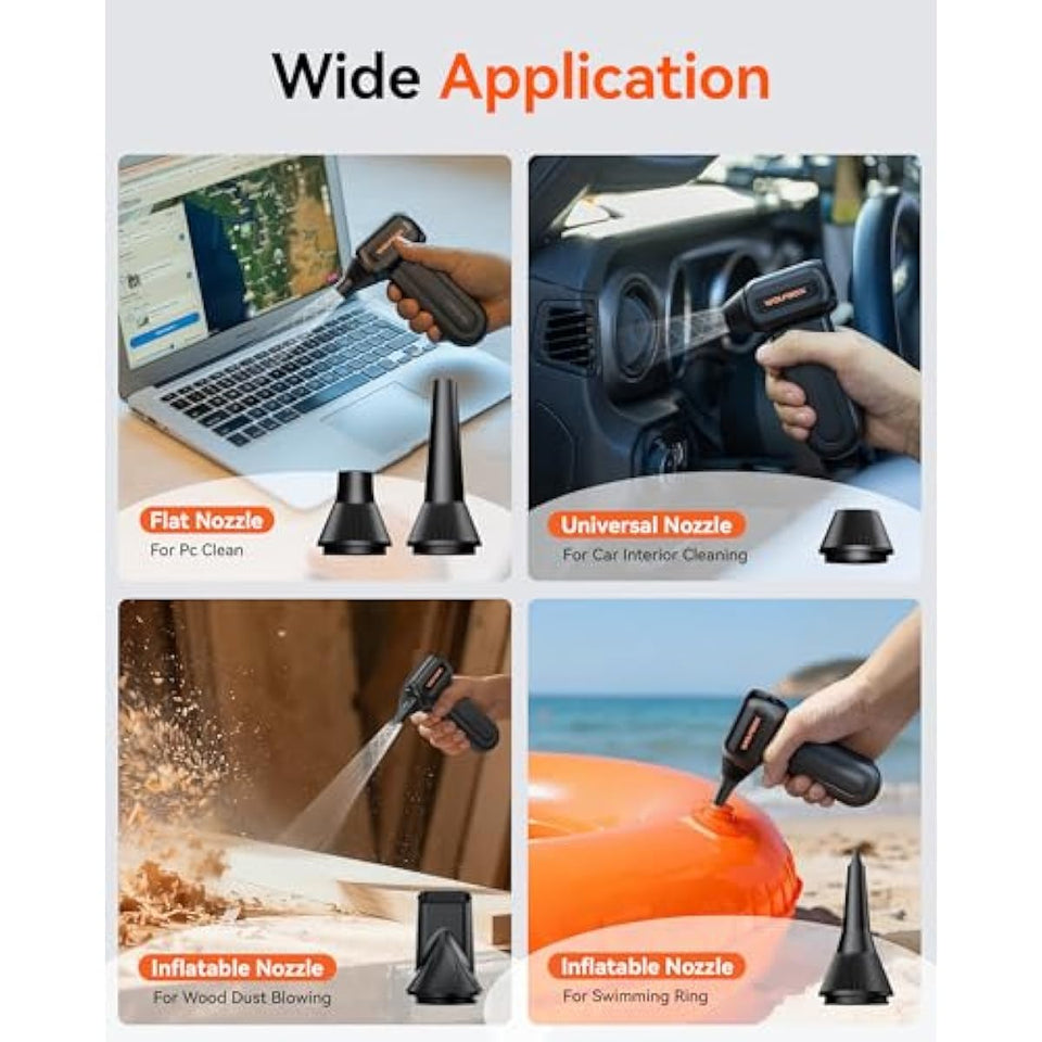 WOLFBOX MF60 Compressed Air Duster-110000RPM Super Power Electric Air Duster, 3-Speed Adjustable Rechargeable Cordless Air Blower with Fast Charging for PC Keyboard Cleaning, Car, Home, 5 Nozzle