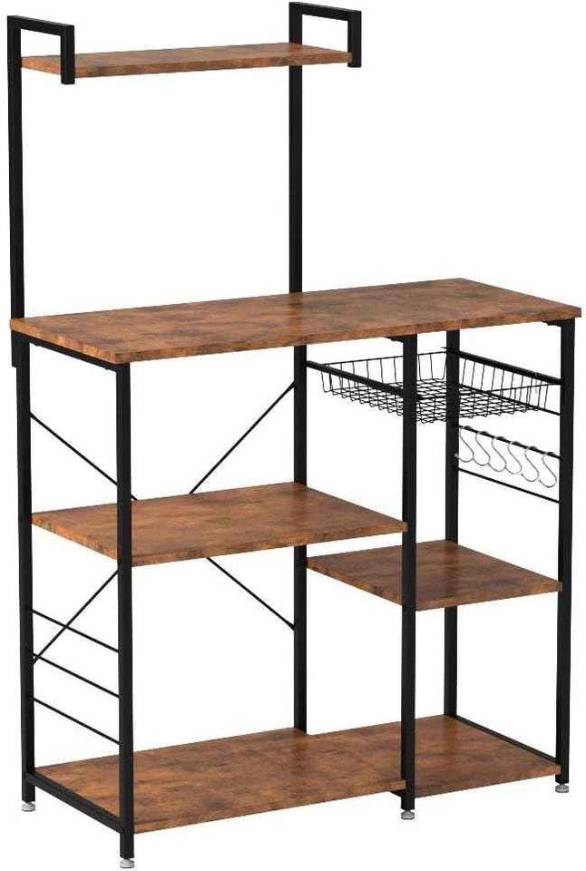 VASAGLE Baker's Rack, Microwave Stand, Kitchen Storage Rack with Wire Basket, 6 Hooks, and Shelves, for Spices, Pots, and Pans, Rustic Brown and Ink Black UKKS35X