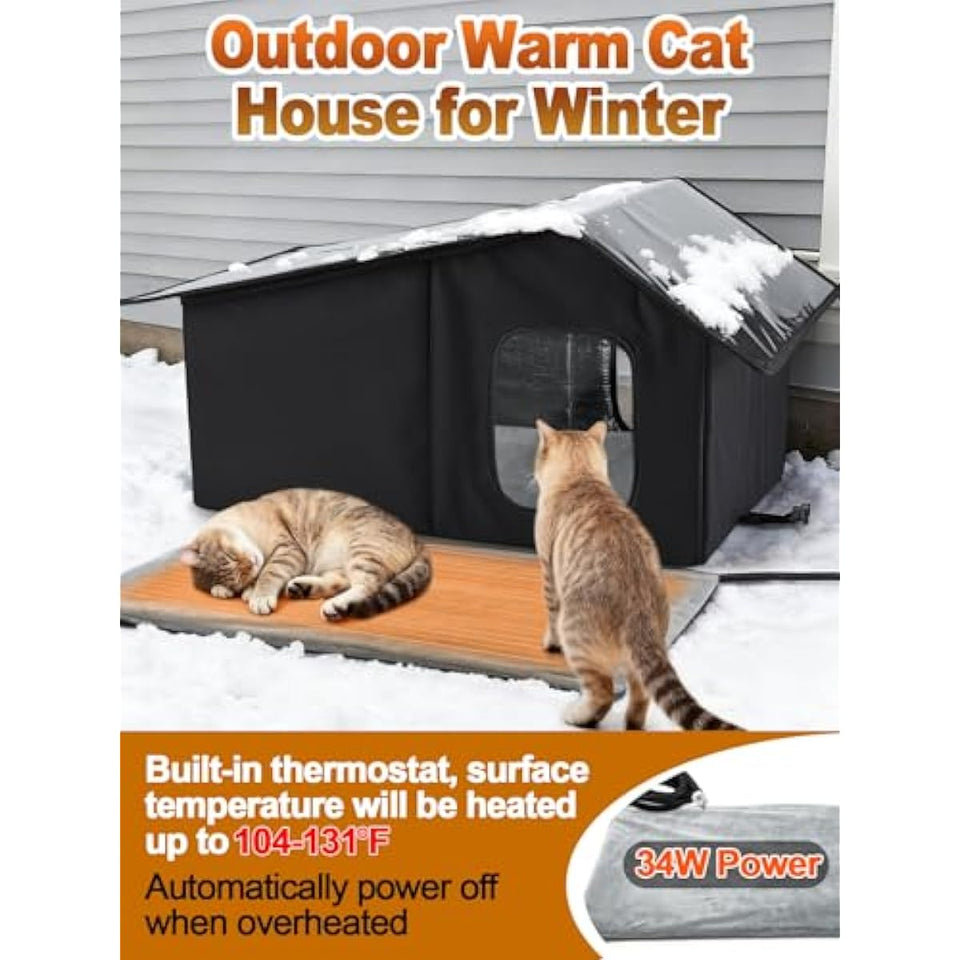 Black weatherproof heated cat house for 2-3 feral cats with thermostatic heating pad and escape door