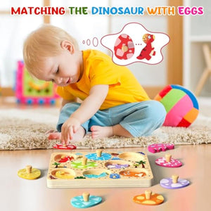 Montessori wooden puzzles for toddlers, 8pcs dinosaur egg matching, educational preschool learning toys