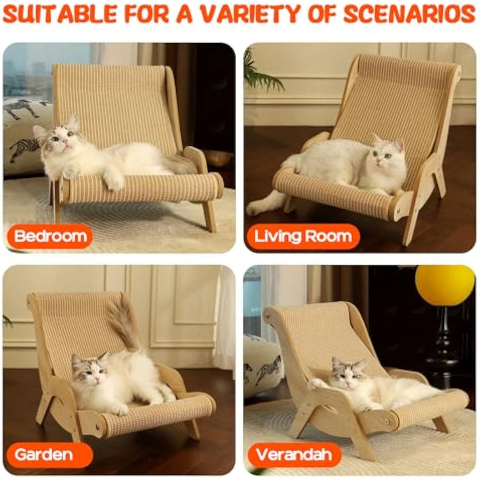 Cat Hammock Chair with A Scratch Pad, Beach Style Lounger for Large Cats, Elevated Cat Beds for Indoor, Pet Rattan Chair