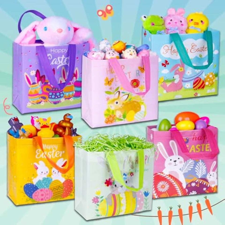 Exun happy easter gift bags with handles, 6-pack, bunny carrot chick designs, reusable non-woven treat bags for party favors and gift wrapping