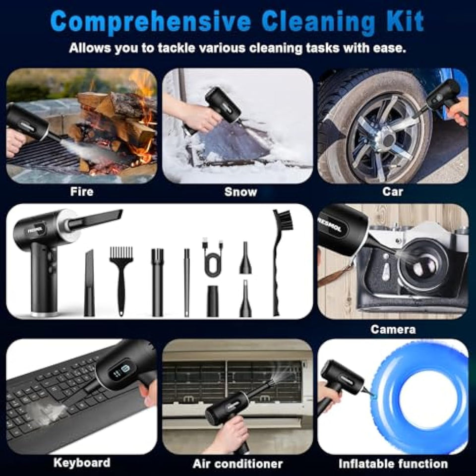 3-gear adjustable electric air duster with led light, rechargeable cordless air blower for keyboard cleaning (black)