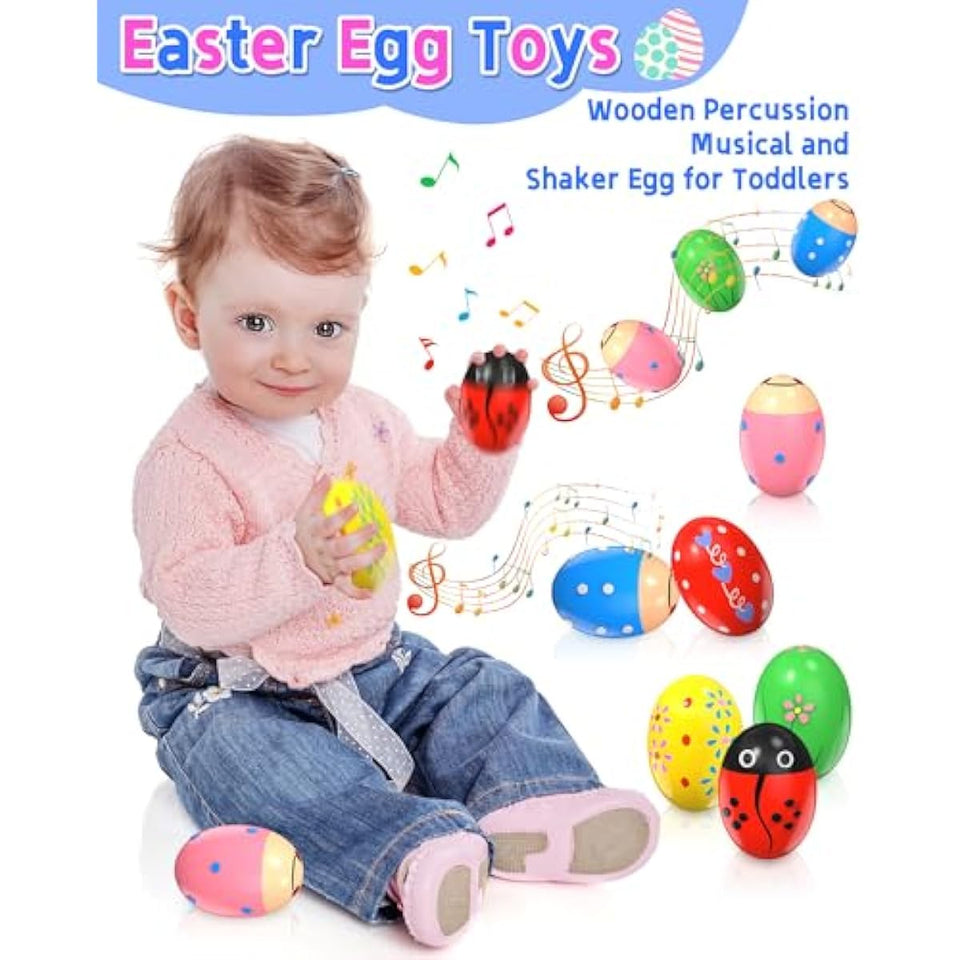 Wooden percussion shakers, 6-pack, prefilled Easter eggs with toys inside, Montessori toys for kids