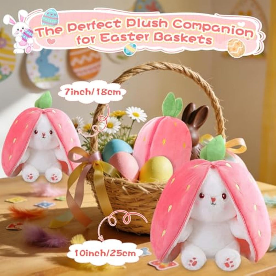 MIAODAM Bunny Stuffed Animal Reversible Cuddle Bunny Stuffed,Strawberry Bunny Transformed Rabbit Plush Zipper,Turns Into Ears Bunnies Plushies Toy Cute Stuffy Doll Easter Girlfriend Gift