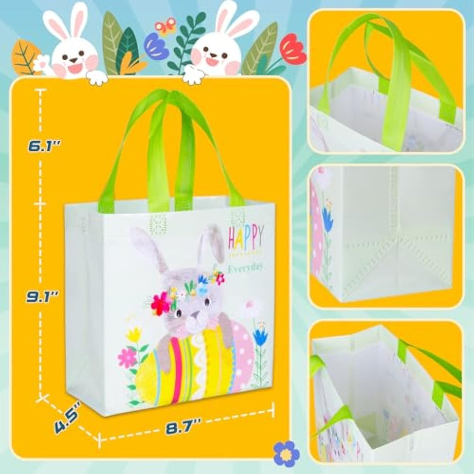 Exun happy easter gift bags with handles, 6-pack, bunny carrot chick designs, reusable non-woven treat bags for party favors and gift wrapping
