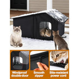 Black weatherproof heated cat house for 2-3 feral cats with thermostatic heating pad and escape door