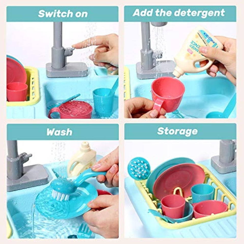 Cute Stone Color Changing Kitchen Sink Toy for Kids, Electric Dishwasher Play Set with Running Water and Faucet