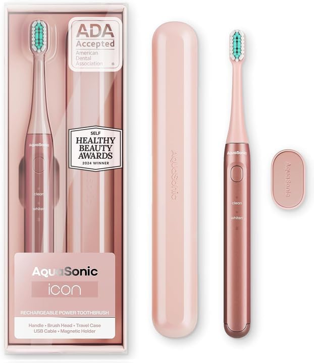 Aquasonic Icon ADA-Accepted Rechargeable Toothbrush with Magnetic Holder & Slim Travel Case | 2 Modes & Smart Timers | Gentle Micro-Vibrations