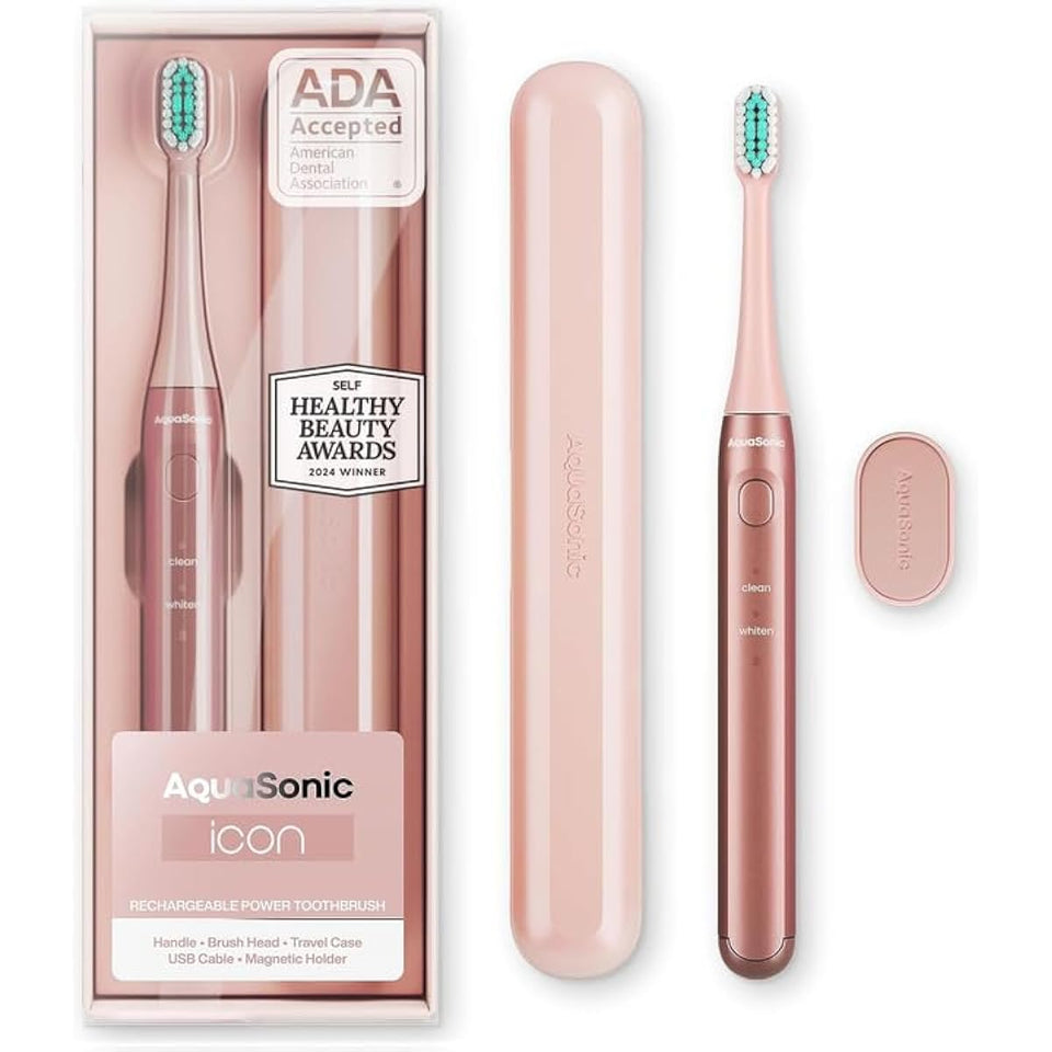Aquasonic Icon ADA-Accepted Rechargeable Toothbrush with Magnetic Holder & Slim Travel Case | 2 Modes & Smart Timers | Gentle Micro-Vibrations