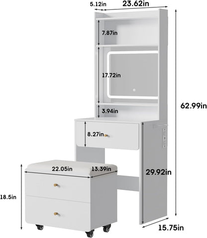 Vabches Make Up Vanity Desk with Mirror and Lights, White Vanity Table Set with Charger Station,Girls Small Vanity and Storage Chair
