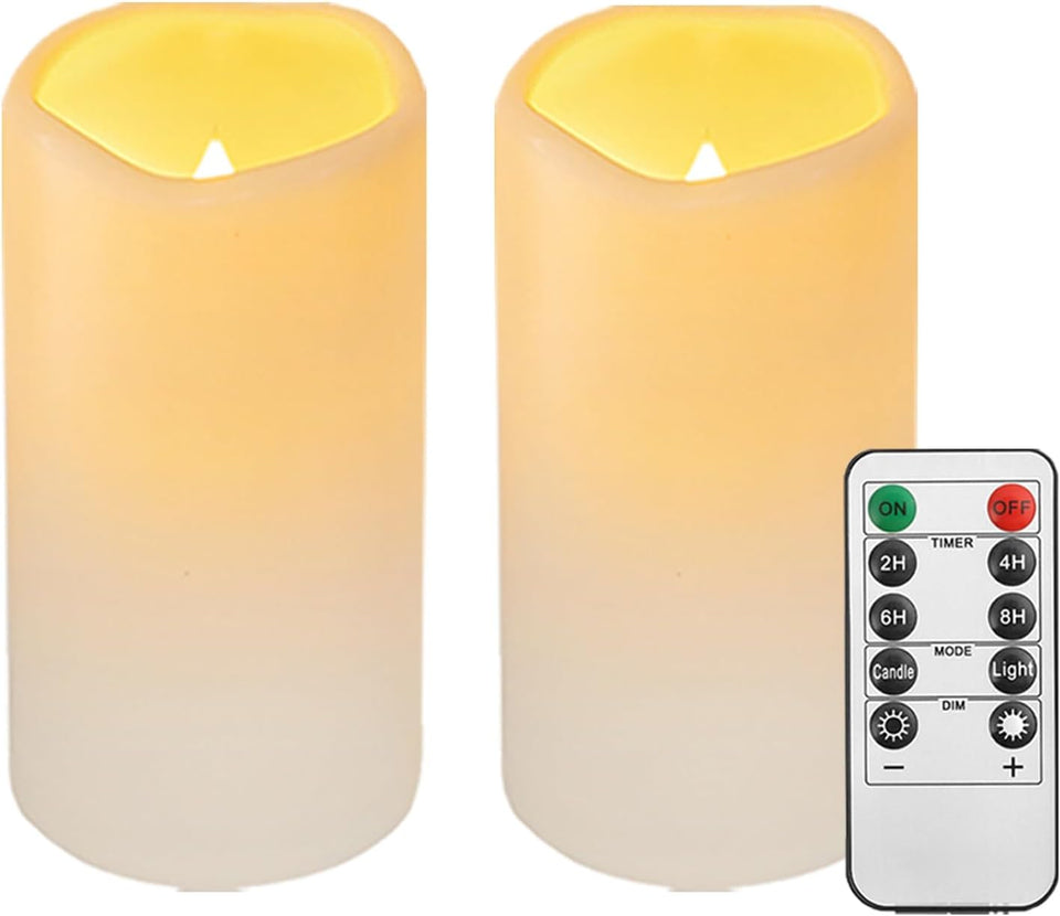 2PACK Outdoor Plastic flameless Candles with Remote Control and Timer, LED Flickering Battery Operated Electric Pillar Candles (D3 xH5.5) for Camping, Weddings, Home Decoration