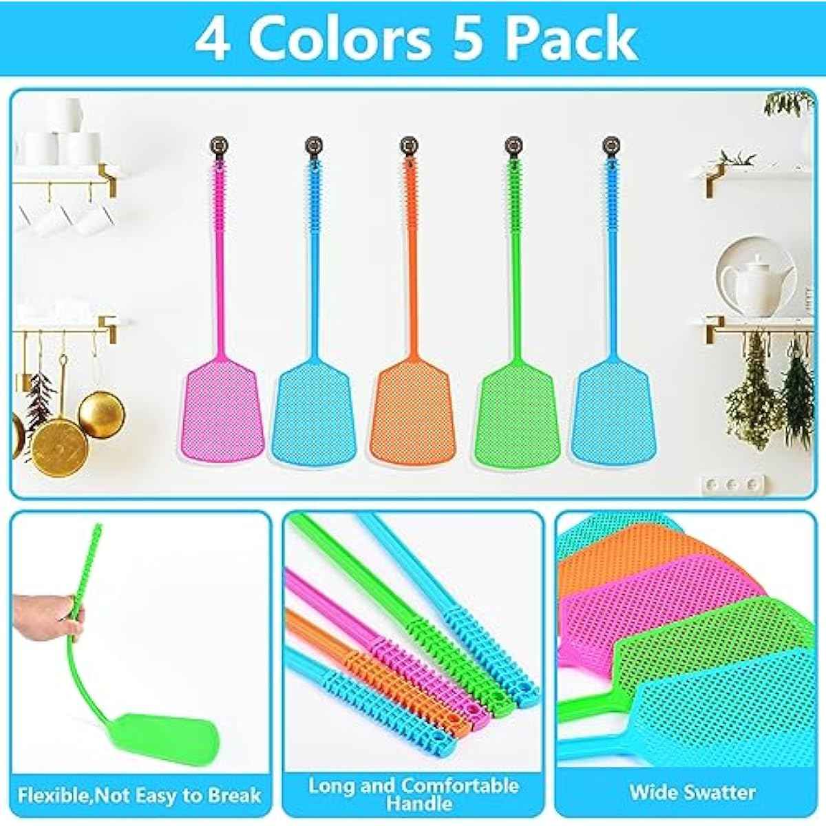 Fly Swatter,5 Pack Plastic Heavy Duty Manual Fly Killer, Long Handle Flyswatter, Large Bug Swatters That Work for Indoor and Outdoor