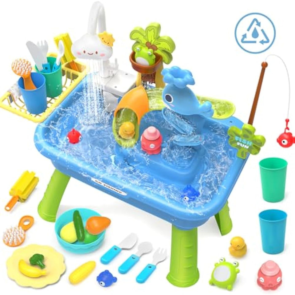 21 Blue Kids Kitchen Sink Toy with Electric Faucet 4-in-1 Play Set with Detachable Legs and Fishing Game