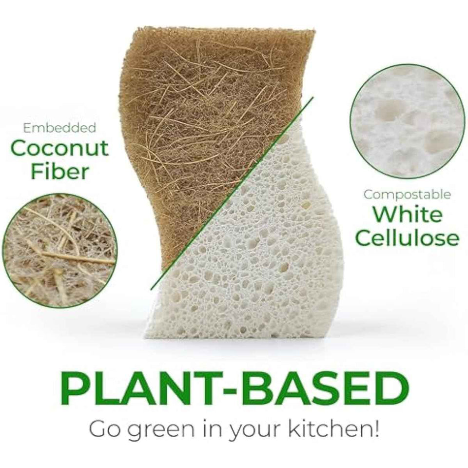 Biodegradable Natural Kitchen Sponge - Compostable Cellulose and Coconut Walnut Scrubber Sponge (12 Pack)