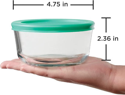Anchor Hocking 2 Cup Glass Storage Containers with Lids, Set of 4 Glass Food Storage Containers with Mint SnugFit Lids