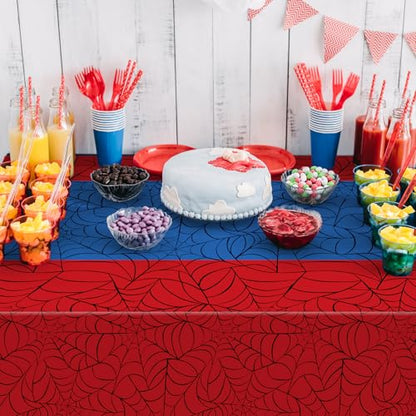 3Pcs Spider Web Themed Birthday Party Tablecloths Decorations,Red Blue Hero Plastic Table Cover Disposable Rectangle Table Cloth for Baby Shower Kids Boys Birthday Party Supplies,54x108 Inch