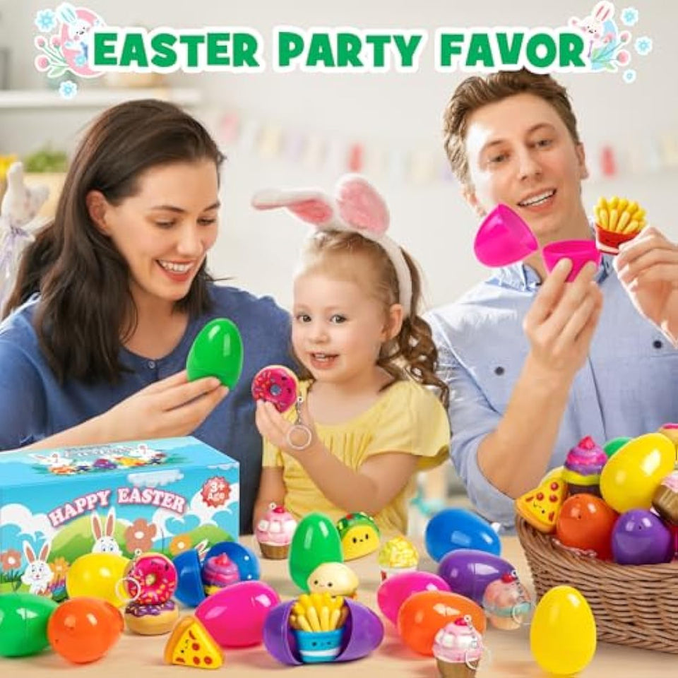 12 Pack Prefilled Easter Eggs with Food Squishy Toys Keychains, Easter Eggs Filled for Kids Easter Egg Hunt Easter Basket Stuffers Goodie Bag Fillers School Classroom Gifts