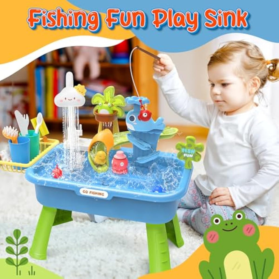 21 Blue Kids Kitchen Sink Toy with Electric Faucet 4-in-1 Play Set with Detachable Legs and Fishing Game