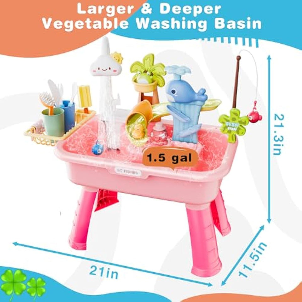 2026 Upgraded Water Table for Toddlers 3+, Water Table for Kids Ages 4-8 with Pump, Play Sink with Running Water, Kitchen Sink for Toddlers, Fishing Game and Outside Sensory Toys (Pink)