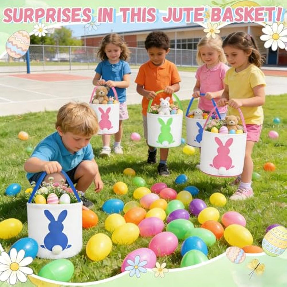 3 pcs canvas bunny print easter egg hunt gift basket with fluffy tails for kids party decoration