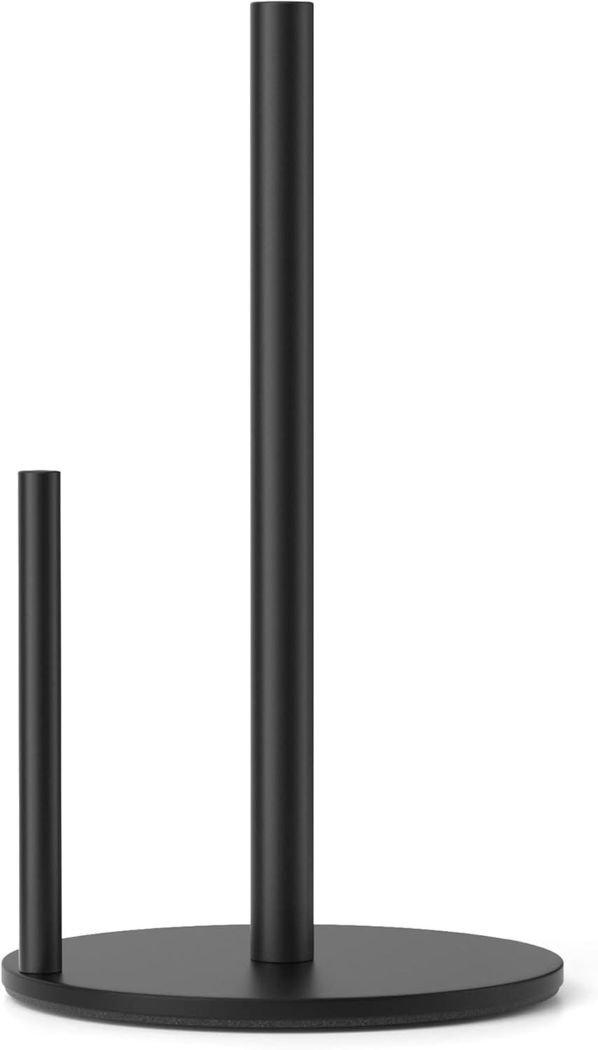 Paper Towel Holder Black, Premium Stainless Steel Kitchen Roll Dispenser, Countertop Roll Organizer with Weighted Base