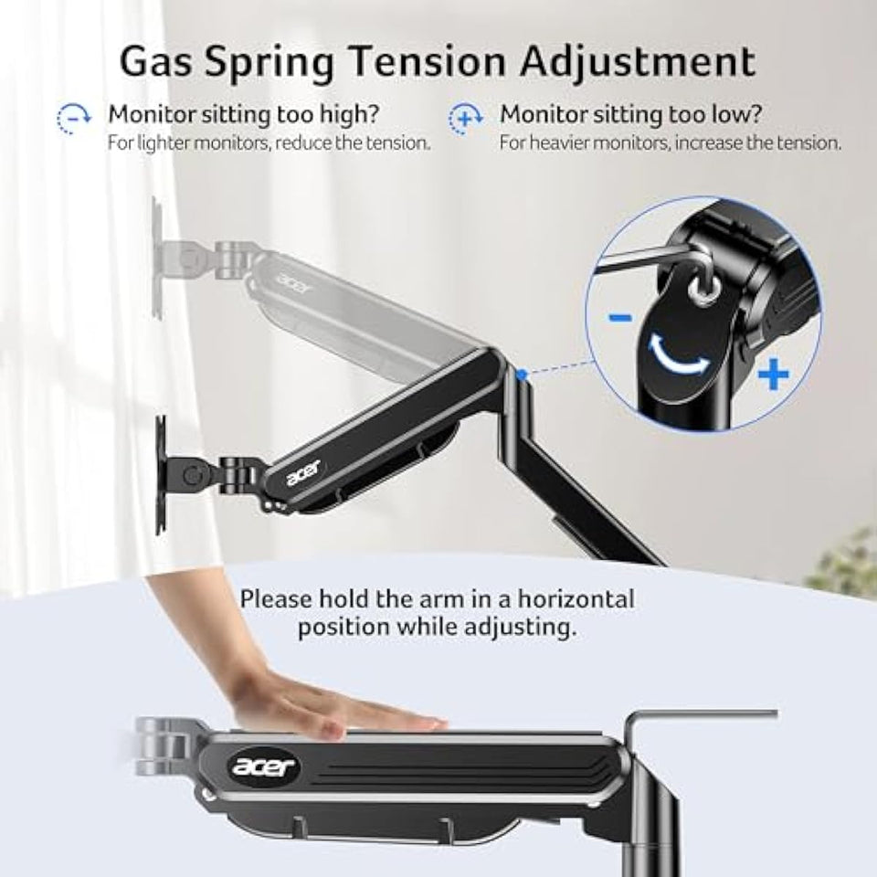 Acer Single Monitor Mount, Fully Adjustable Monitor Arm Fits 17 to 34 Inch Screens, Gas Spring VESA Mount with C-Clamp & Grommet Base, Computer Desk Arm with Tilt Swivel Rotate Supports 4.4-19.8 lbs