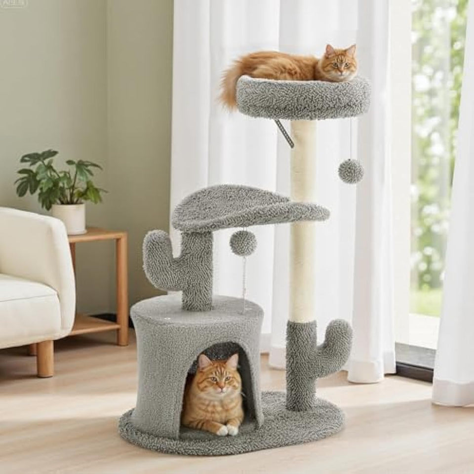 grey 33 inch multi-level cat tree tower with scratching posts and perches for indoor cats