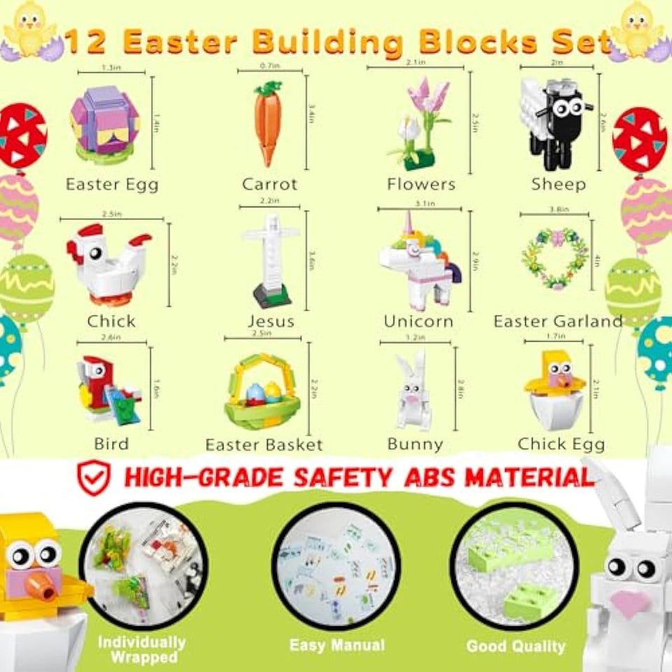 12Pcs Easter Egg Fillers Building Kits, Easter Rabbit 12 in 1 Building Blocks Set, Easter Bricks Toy Gift Easter Egg Fillers, Easter Basket Stuffers, Easter Party Favors for Kids 6+
