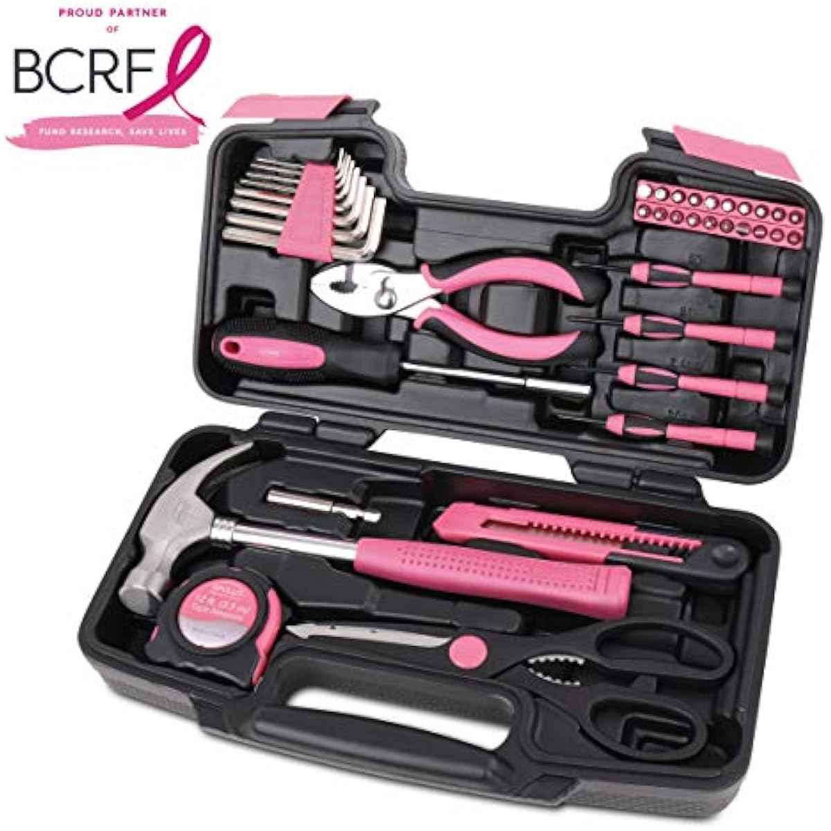 Apollo Tools Original 39 Piece General Household Tool Set in Toolbox Storage Case with Essential Hand Tools for Everyday Home Repairs, DIY and Crafts - Pink Ribbon - Pink - DT9706P