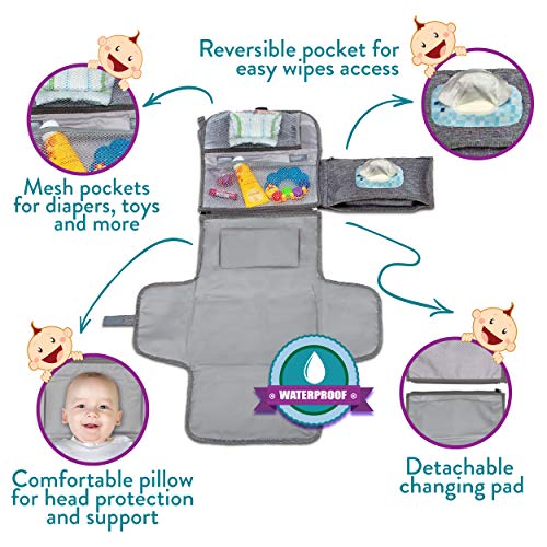 Kopi Baby Portable Diaper Changing Pad - Grey, Classic, 7.35 x 11.5 inches, Foldable, Infant Travel Station Kit, Newborn Gift