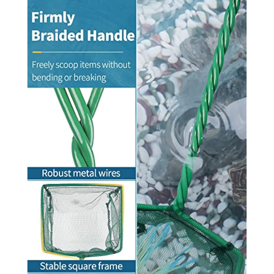 Pawfly green braided metal handle square aquarium net for fish tanks and small koi ponds