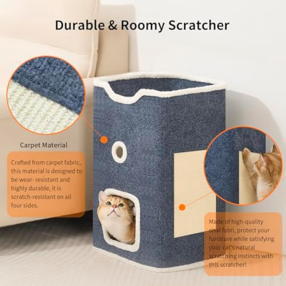 Cat House, 2-Story Cat Condo Cube with Scratch Pad, Fluffy Ball, and Multi-Level Hideout for Multiple Cats