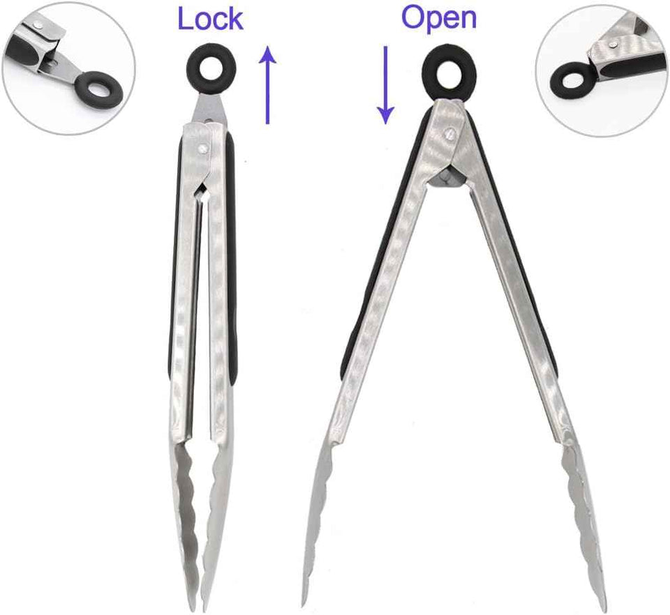 304 Stainless Steel Kitchen Cooking Tongs, 9" and 12" Set of 2 Sturdy Grilling Barbeque Brushed Locking Food Tongs with Ergonomic Grip, Black