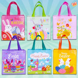 Exun Happy Easter Gift Bags with Handles, Bunny Carrot Chick Designs, Reusable Non-Woven Treat Bags for Party Favors, Gift Wrapping, Easter Basket Container, 9.1×8.7×4.5 inch, 6-Pack
